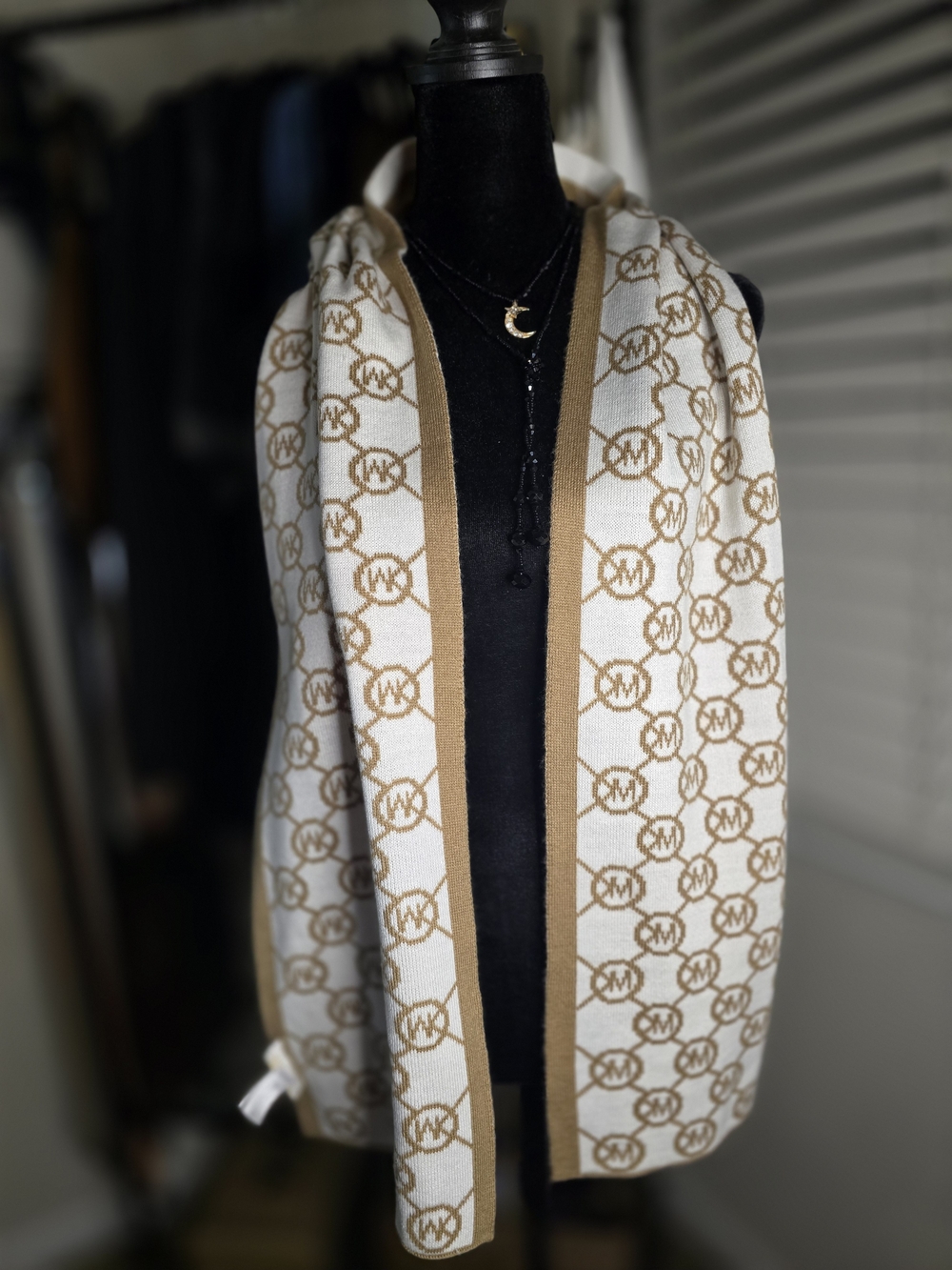 Michael Kors Cream & Tan MK Logo Knit Scarf